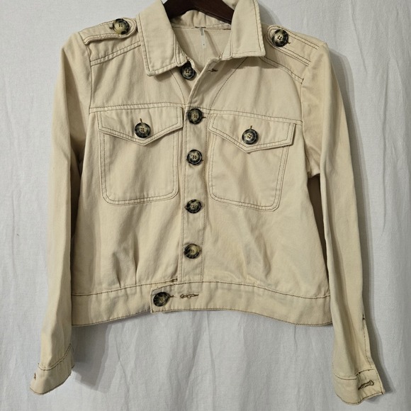 Free People Women Ivory Eisenhower Denim Crop Trucker Jacket Size S‎ - Picture 5 of 8